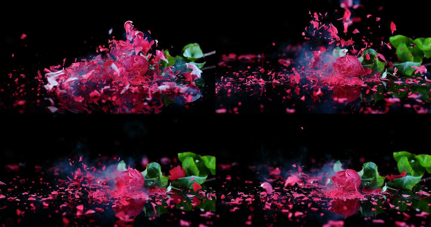 冻红玫瑰在黑色桌面上粉碎
