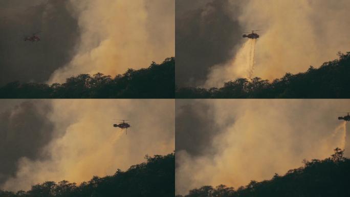 消防直升机向森林大火喷水