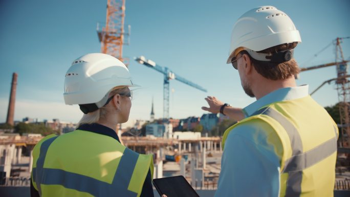 工程师和女建筑师在城市建筑工地上使用电脑