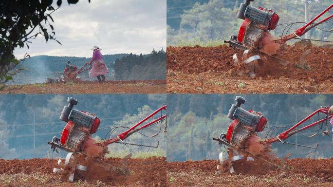 农村农业小型农业机械耕地特写视频
