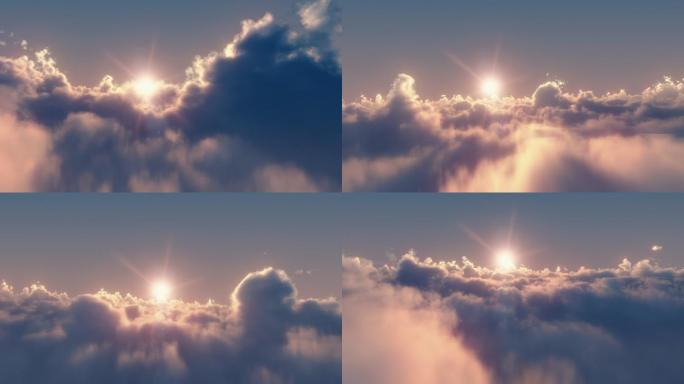日落时在云层上方无限飞翔