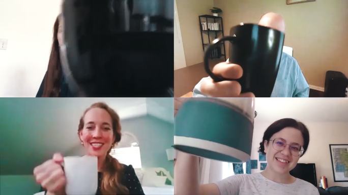 商务团队在虚拟会议结束时用咖啡杯祝酒