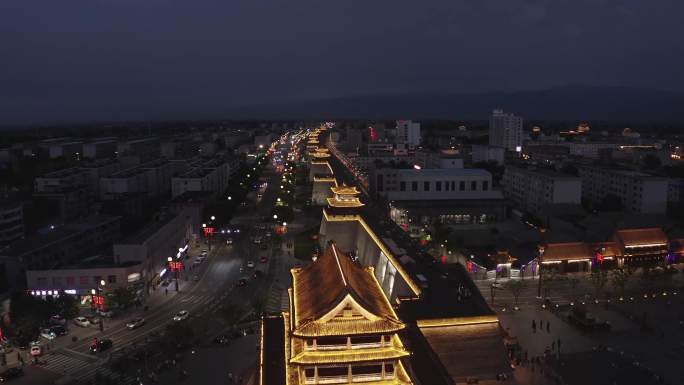 忻州古城夜景城楼穿越航拍