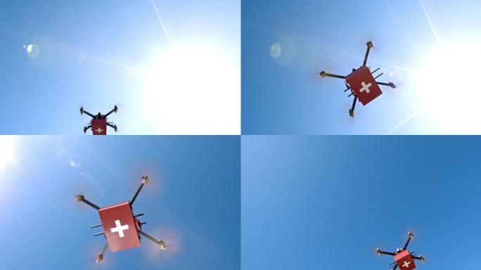 无人驾驶飞机在晴朗的天空中携带急救箱