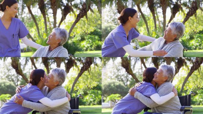 护士在公园里与她快乐的老年病人亲密相处