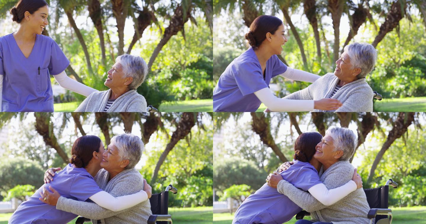 护士在公园里与她快乐的老年病人亲密相处