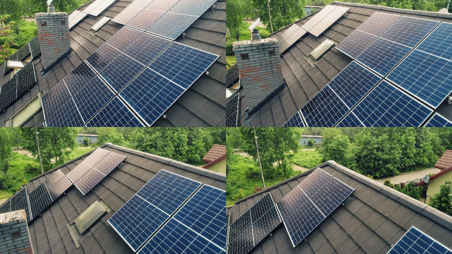 屋顶上的太阳能电池板。鸟瞰图。