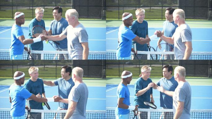 男子打网球，赛后握手