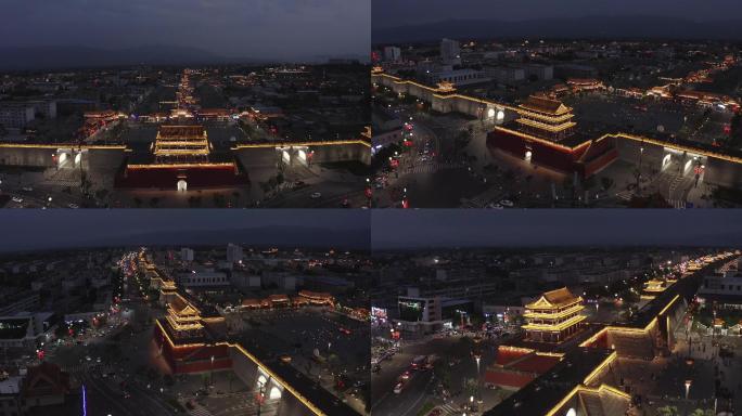忻州古城夜景城楼环绕航拍