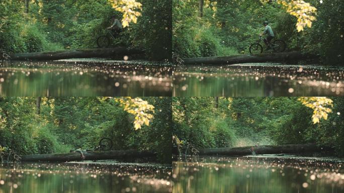 骑手穿过小溪时掉进水里的超慢镜头。