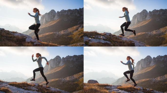运动活跃的女子在山地跑步