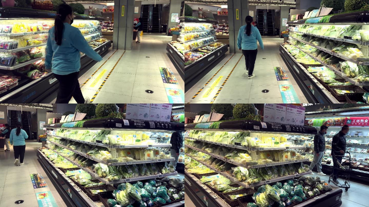 盒马生鲜超市里的蔬菜货架区域