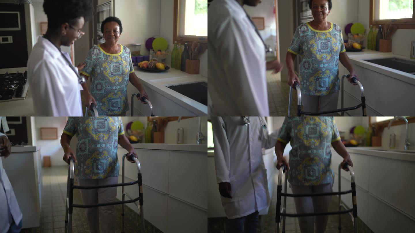 家庭护理员与一位老年妇女在家中散步