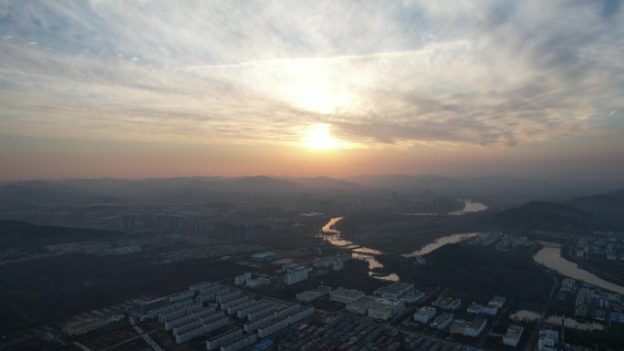 山东费县日落河流冬季航拍 夕阳