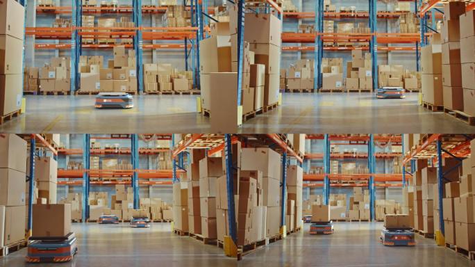 自动化现代零售仓库AGV机器人在配送物流中心运输纸箱。