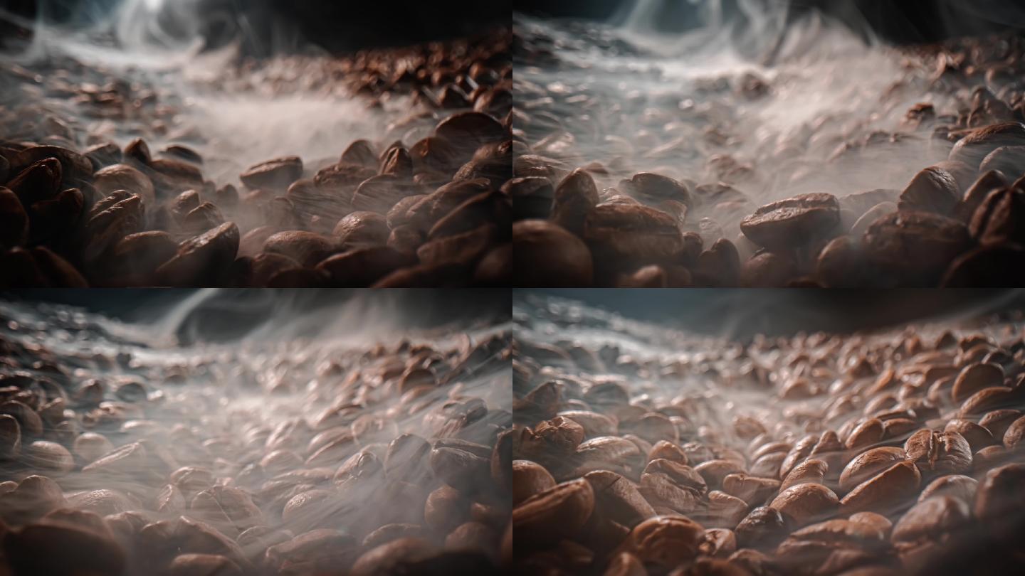 咖啡种子的特写镜头。香浓的咖啡豆是咖啡豆烤出来的烟。