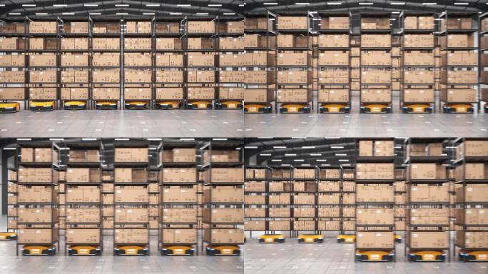 一排自动机器人在自动化仓库中移动货架