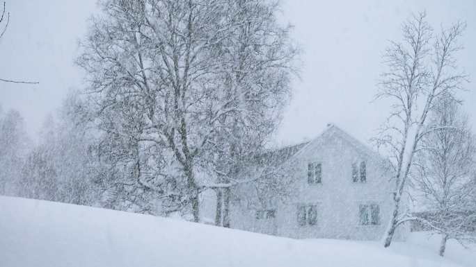 挪威乡村大雪期间的冬季景观和经典木屋