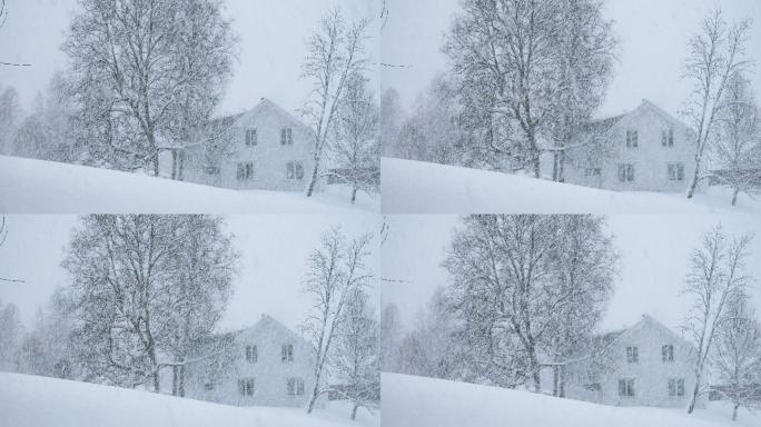 挪威乡村大雪期间的冬季景观和经典木屋