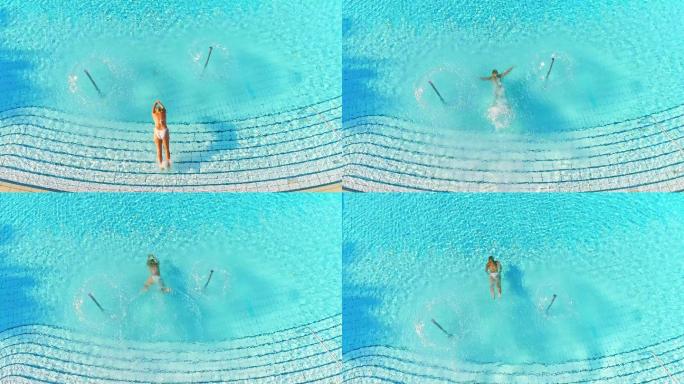 女人跳进游泳池游泳