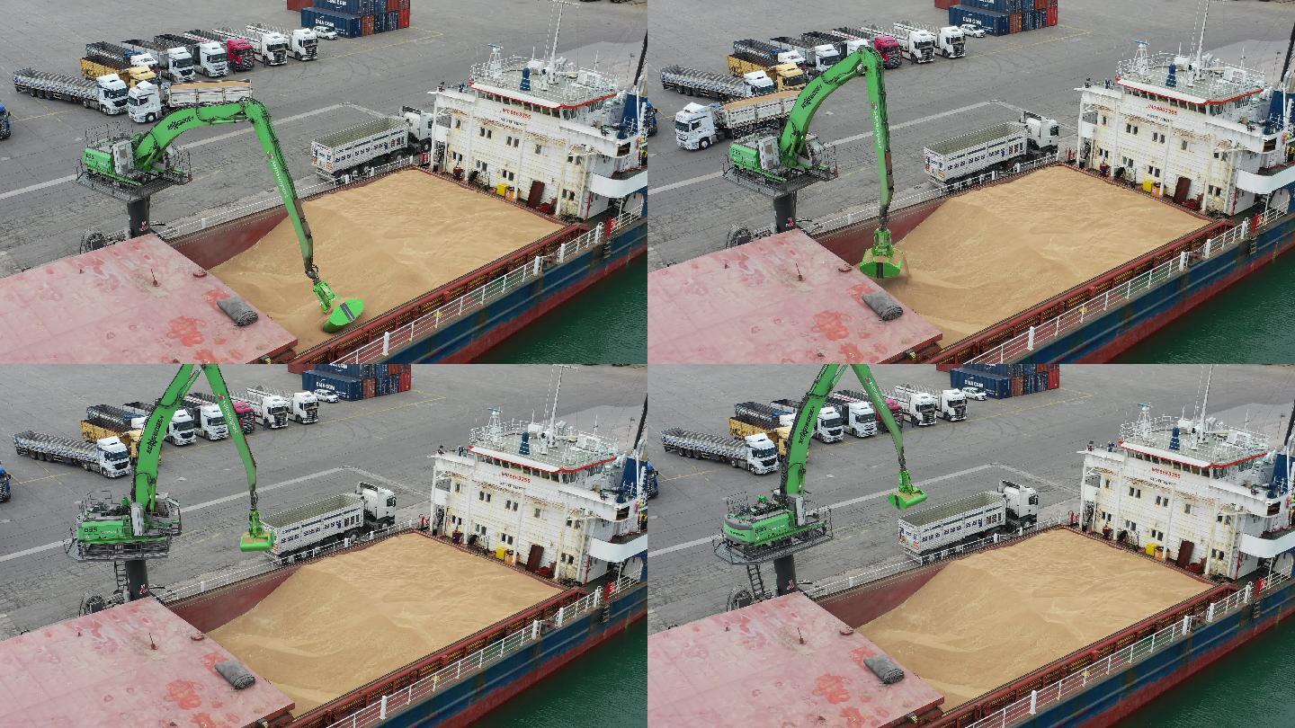 实拍港口货船运砂船装载运输装卸码头