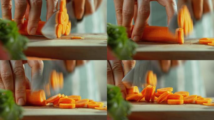 胡萝卜在木板上被切成薄片