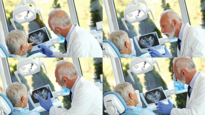 一名男性牙医检查一名老年女性患者的特写镜