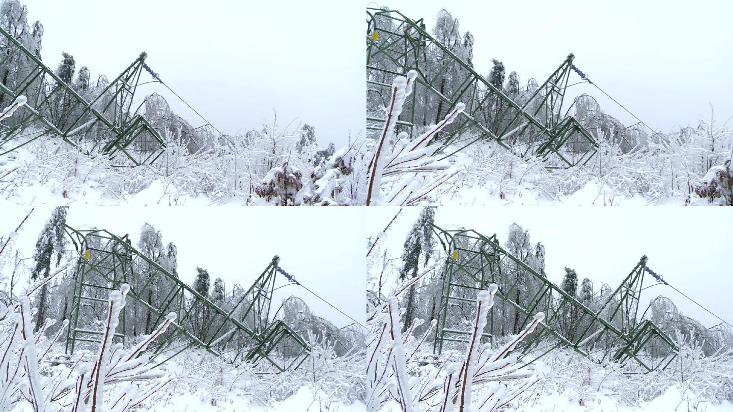 钢架电塔断裂冬季雪花下雪雾凇风景