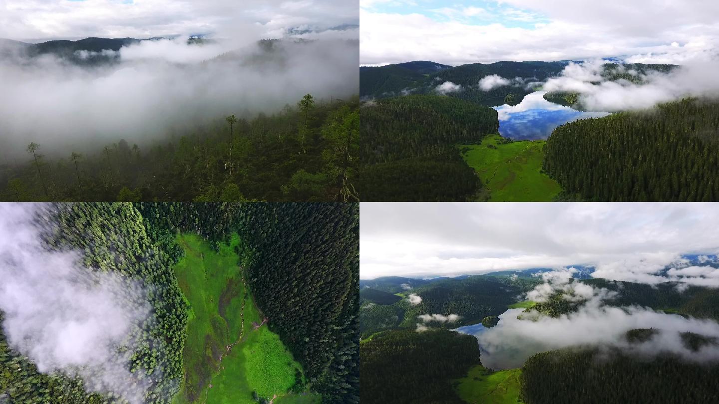 原创航拍高山湖泊 原始森林 高山草甸