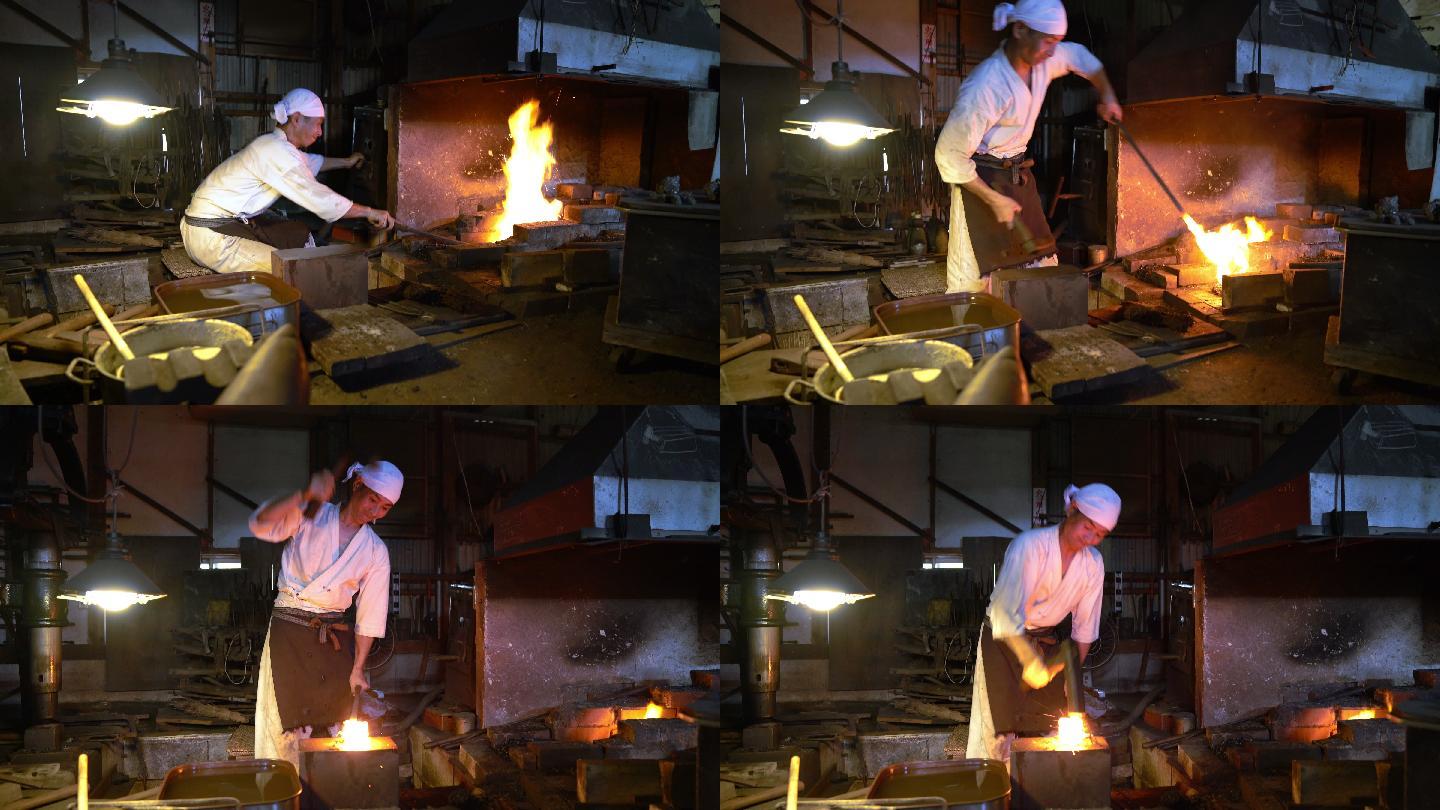 铁匠从熔炉中取出金属并用锤子使其成形