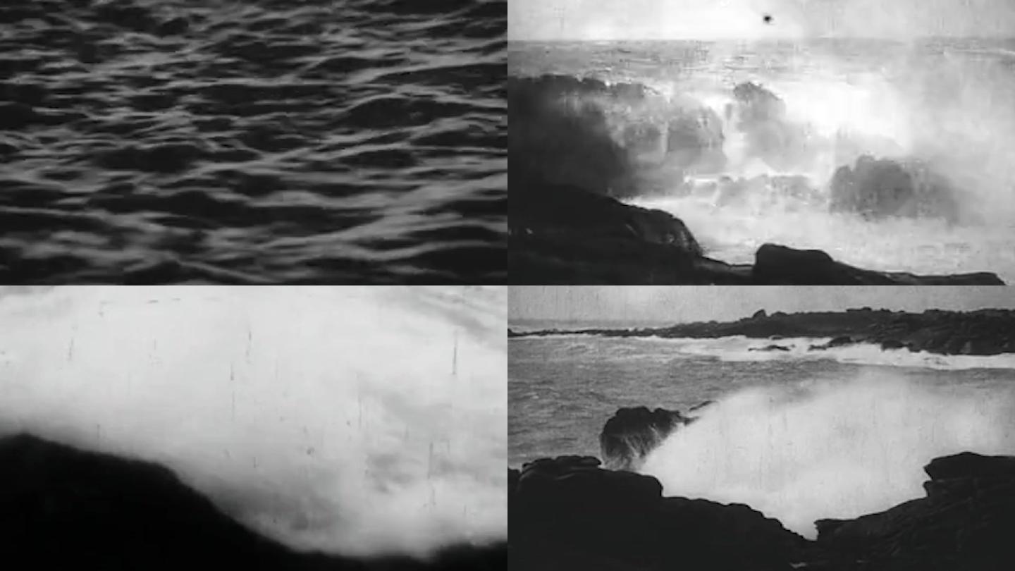 上世纪40年代海滩海浪潮汐巨浪拍打海岸
