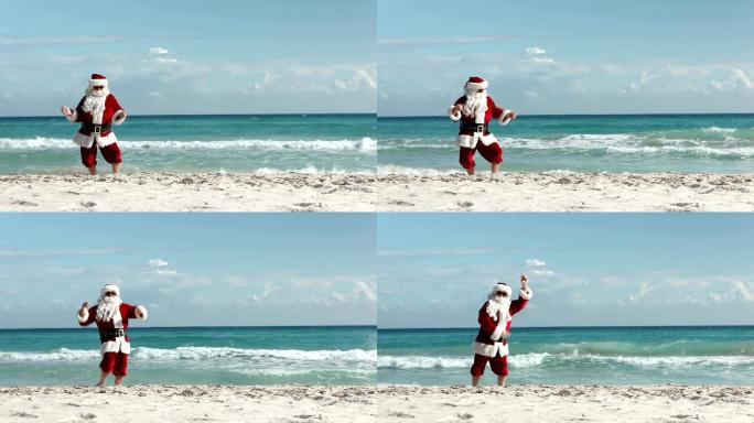 圣诞老人在海滩圣诞老人海边舞蹈恶搞搞笑