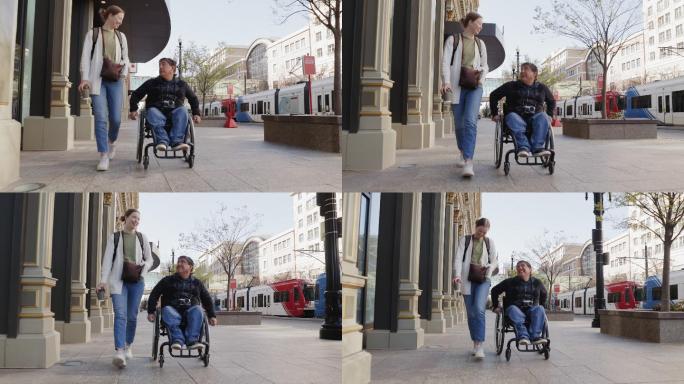 一位残疾人和一位朋友在市中心