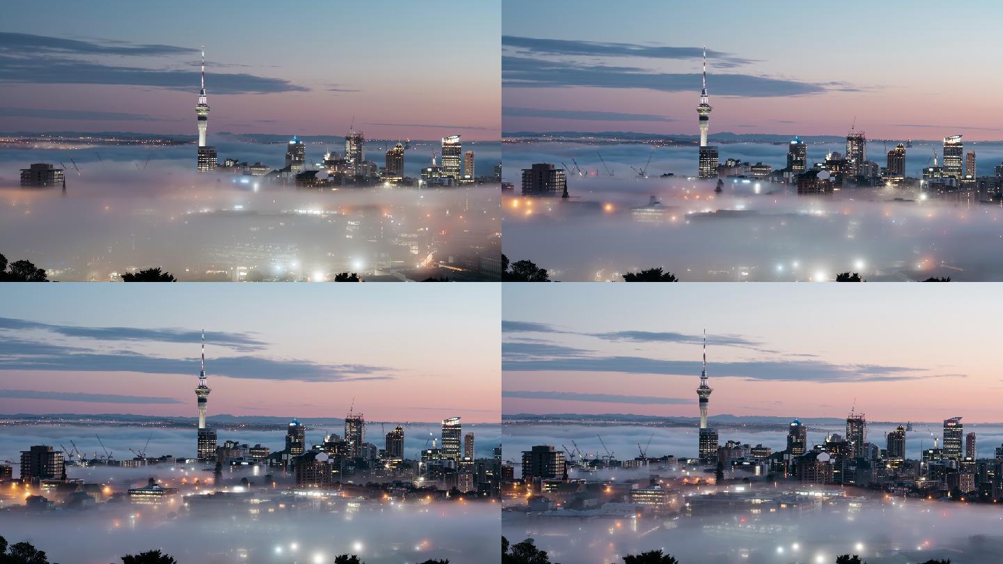 奥克兰市的雾繁华建筑群大气全景空镜