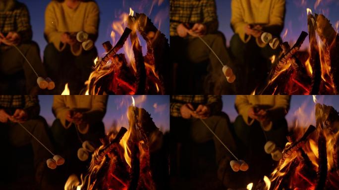 朋友在篝火上烤棉花糖