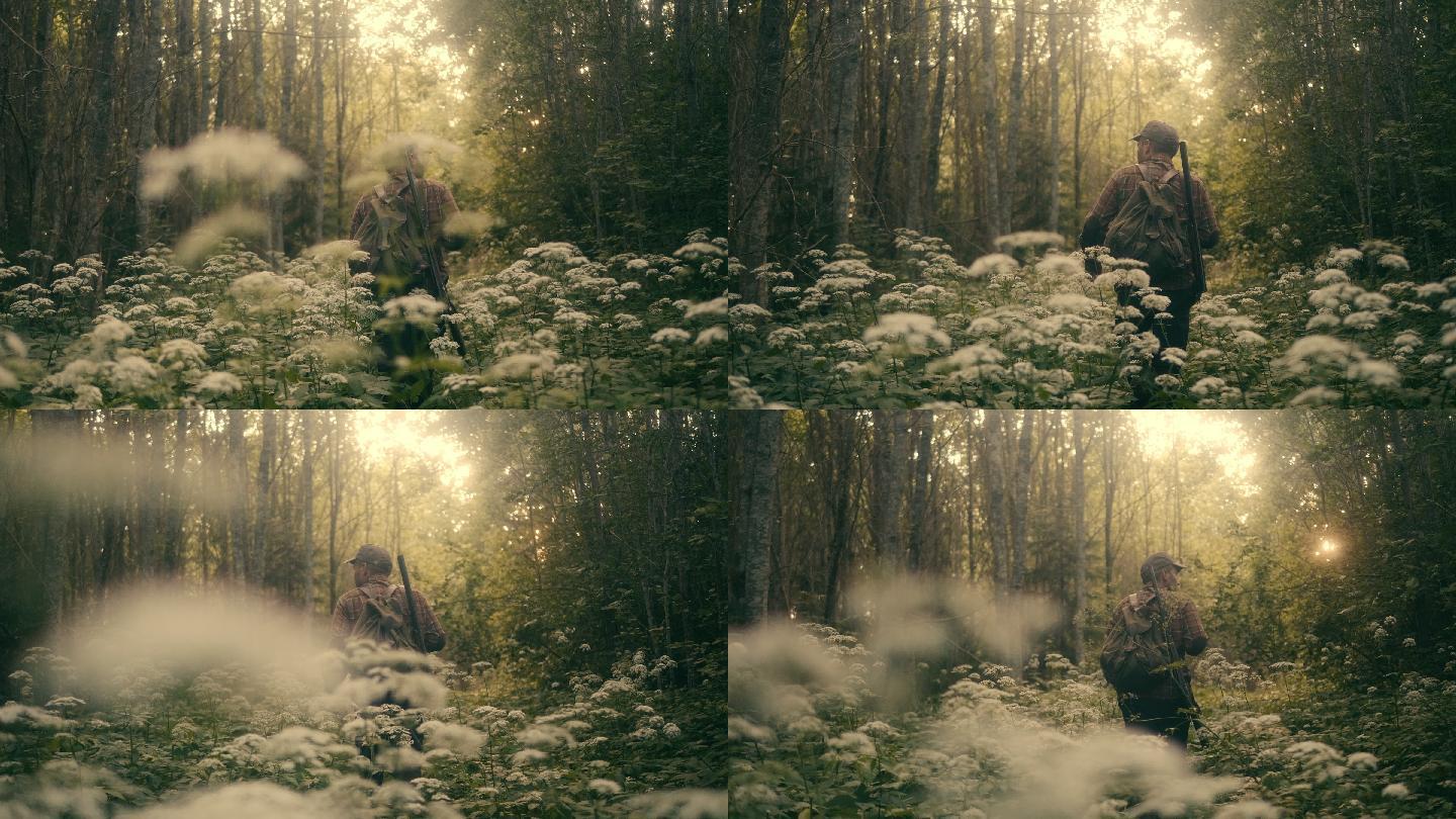 猎人带着猎枪在森林中行走