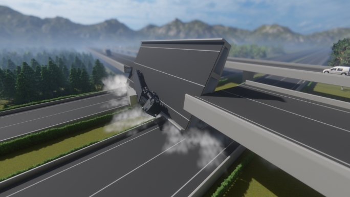单柱桥梁侧翻事故电脑还原现场模拟4K