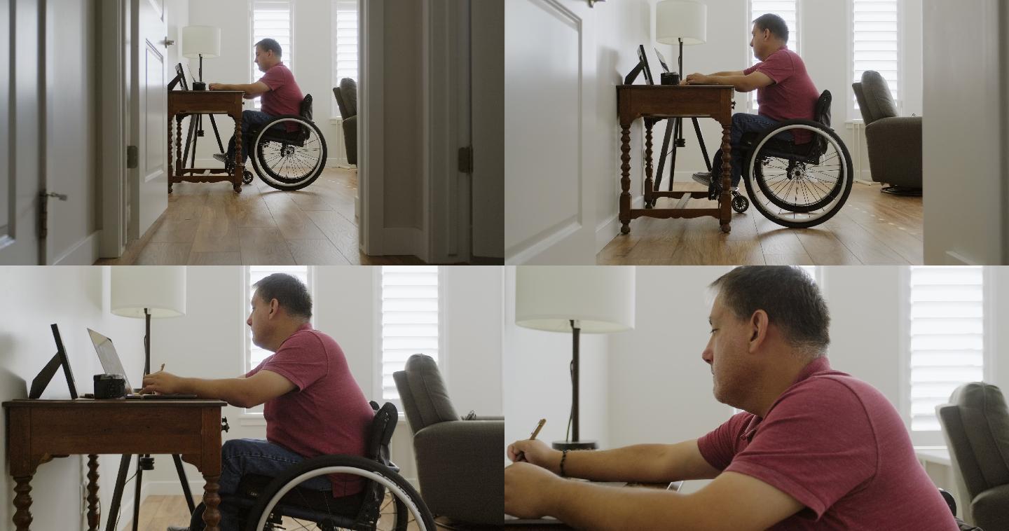 坐轮椅在家庭办公室工作的男人