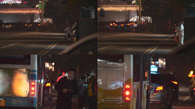 4K夜晚城市公交站台等车的乘客延时空镜