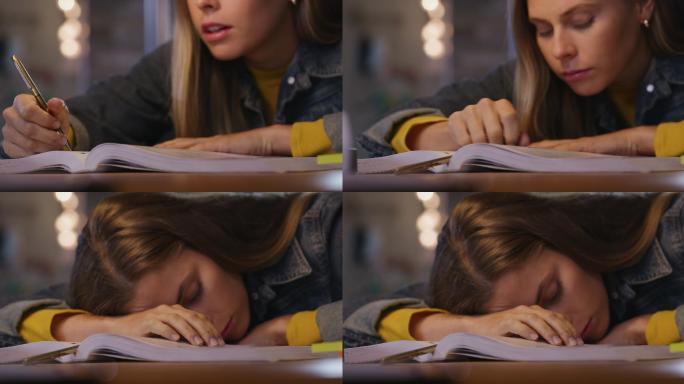 一名年轻女子在家学习时感到疲惫的4k视频