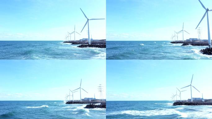 地平线和许多风车涡轮机海岸线供电