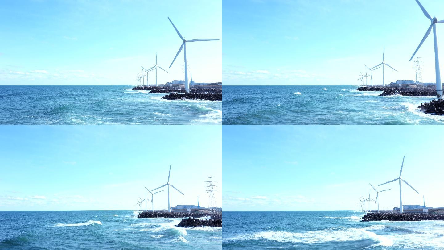 地平线和许多风车涡轮机海岸线供电