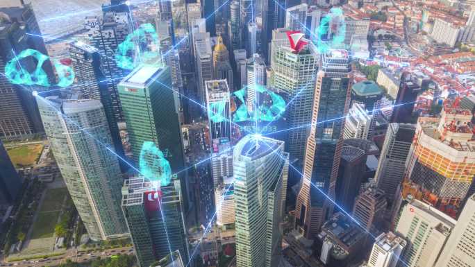 云计算技术线条连接城市科技智能之城