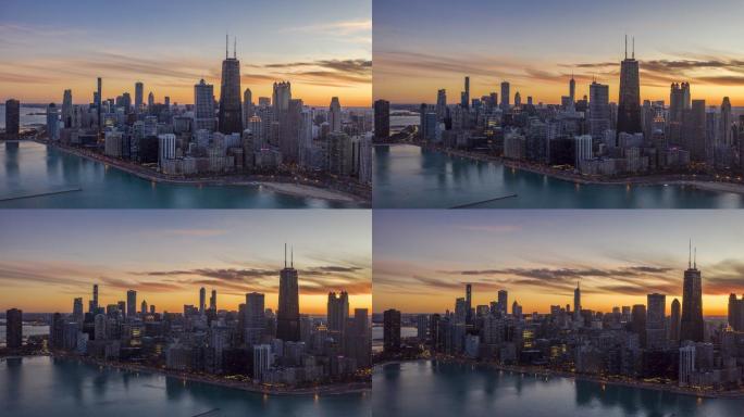 芝加哥市中心城市景观日落超延时