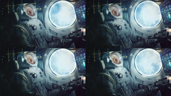 太空人坐在太空火箭内起飞。