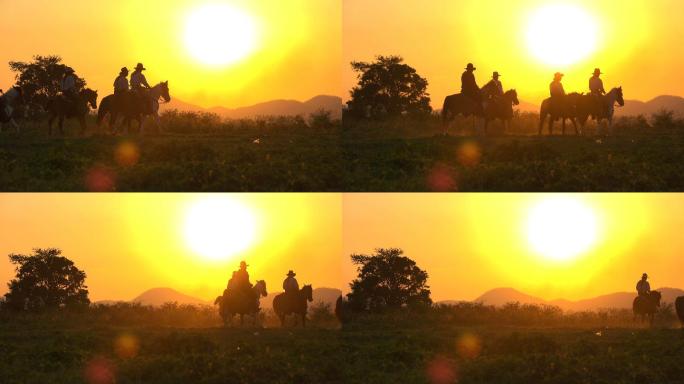 日落时，牛仔骑马在草地上散步