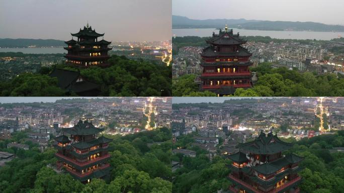 杭州吴山城隍阁夜景航拍4K视频