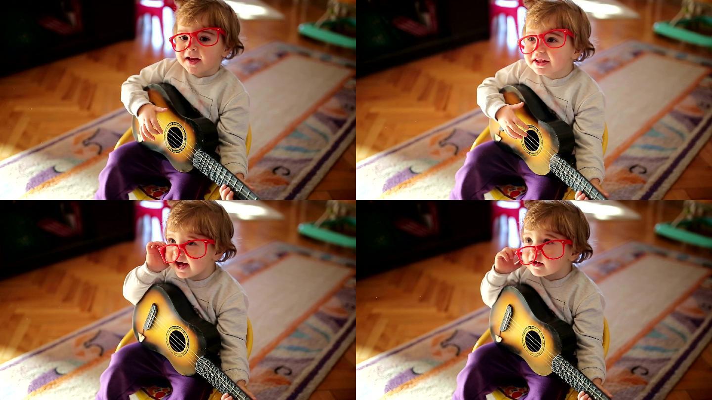 用吉他唱歌的可爱小女孩