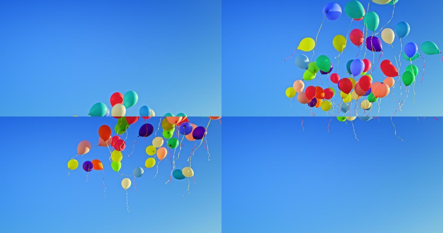 蓝色天空中漂浮着五颜六色的气球