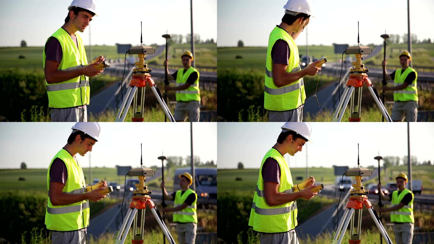 土地测量师安全帽指挥视频素材